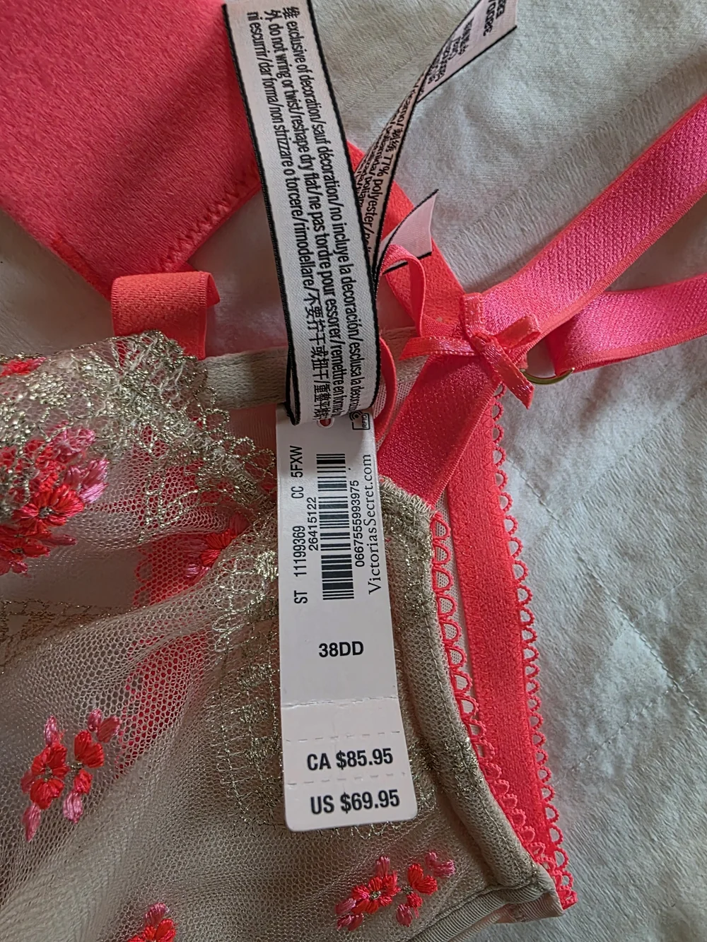 Victoria's Secret Hot Pink & Gold Lace Bra and Matching Thong Set- 38DD & XL